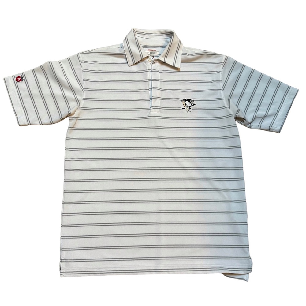 Antigua Pittsburgh Penguins White/Gray Stripe Golf Polo Shirt Size S EUC
